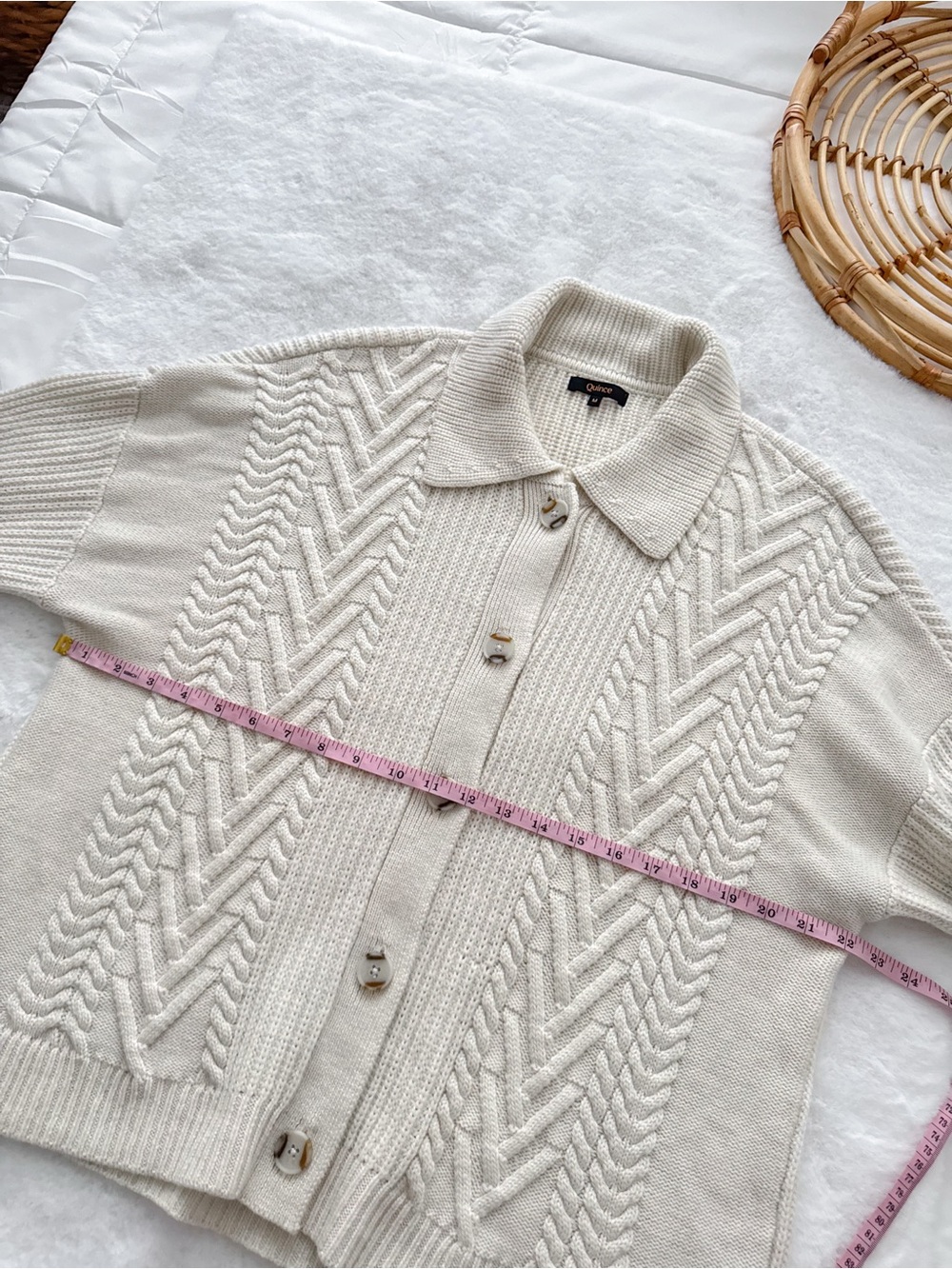 Quince Australian Merino Wool Women's Collared Cable Cardigan Heather Bone Cream - Picture 12 of 13